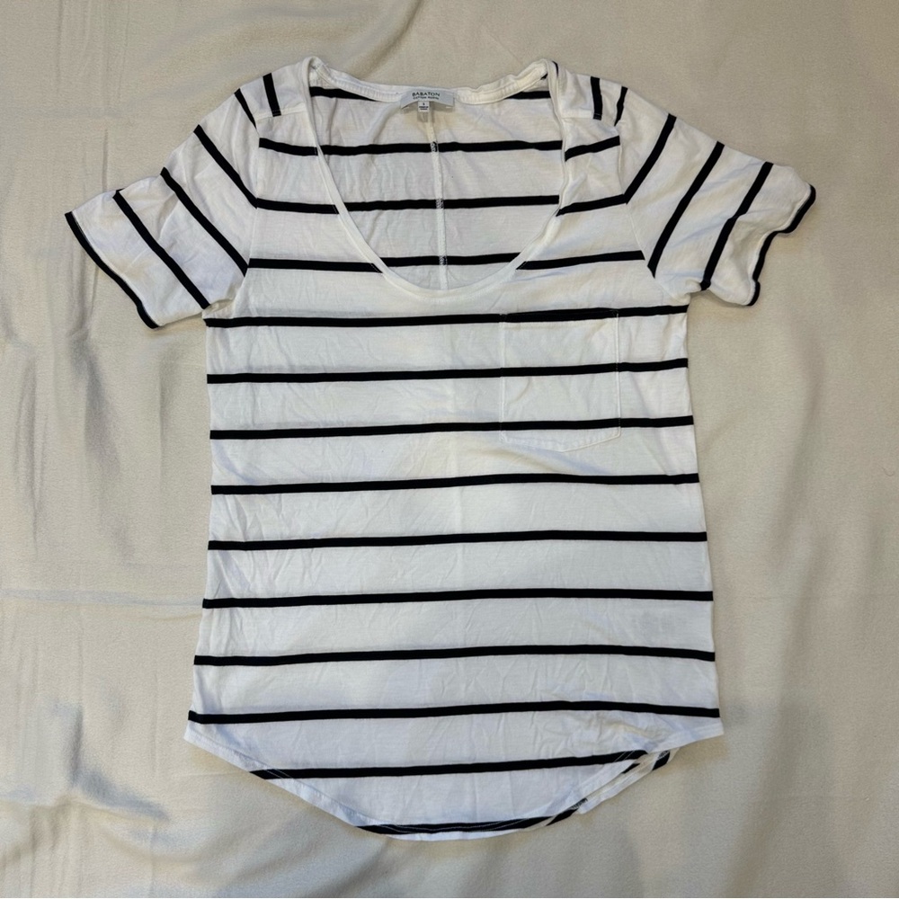 Babaton White & Black Striped Cotton Modal Scoop Neck Pocket Tee Size S
